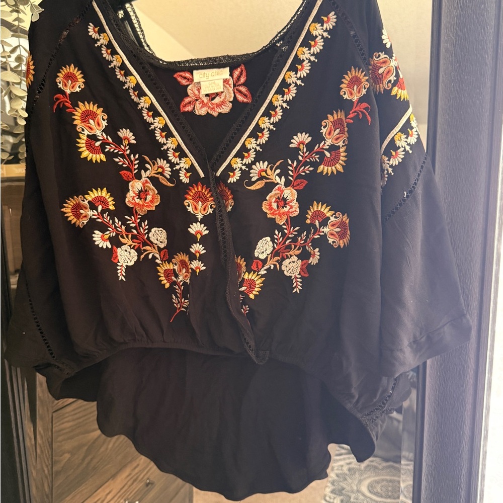 City Chic Black Blouse with Floral Embroidery